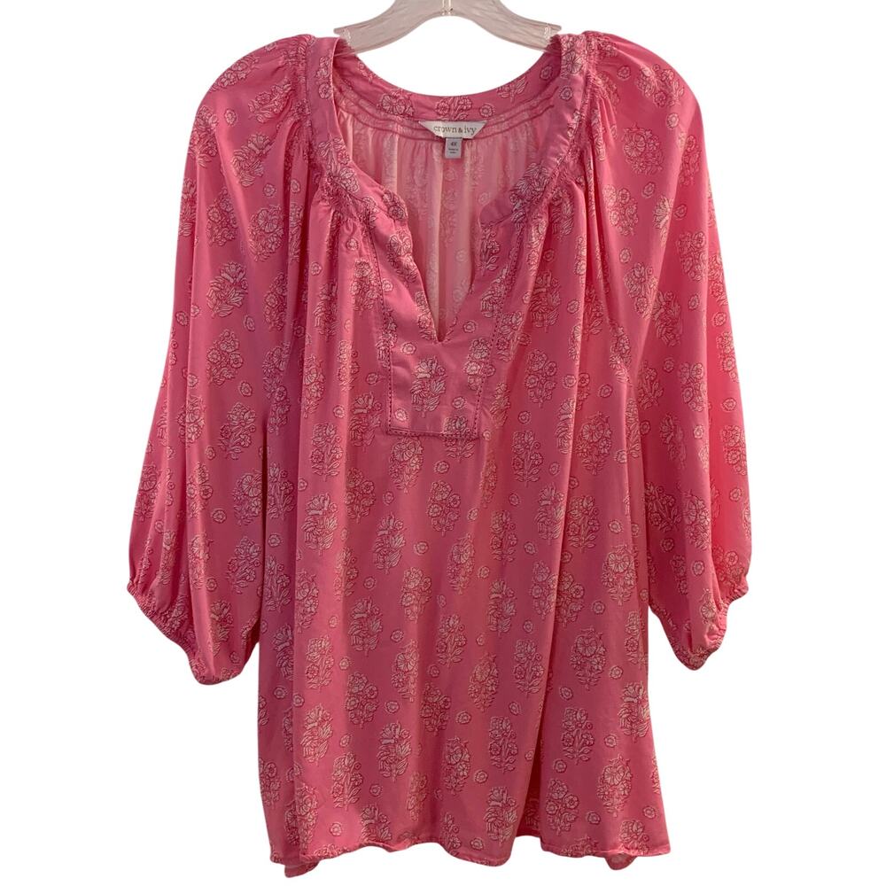 Crown & Ivy Pink Floral Peasant Blouse Women's 4X Plus Boho Cottagecore Top